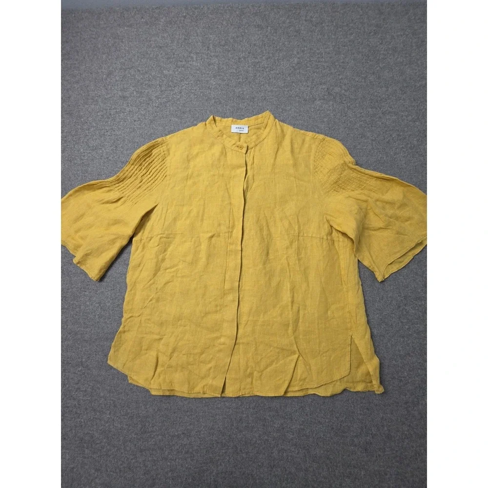 Akris Punto Blouse Womens Linen Yellow Mandarin Collar Pleated Sleeve Top - Picture 1 of 8